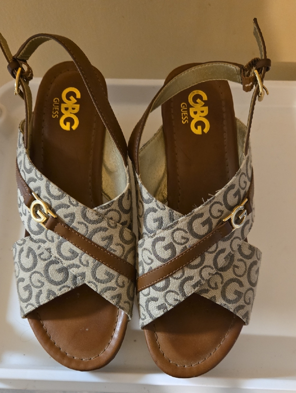 G by Guess Beige & Brown Logo Strap Slingback Sandals